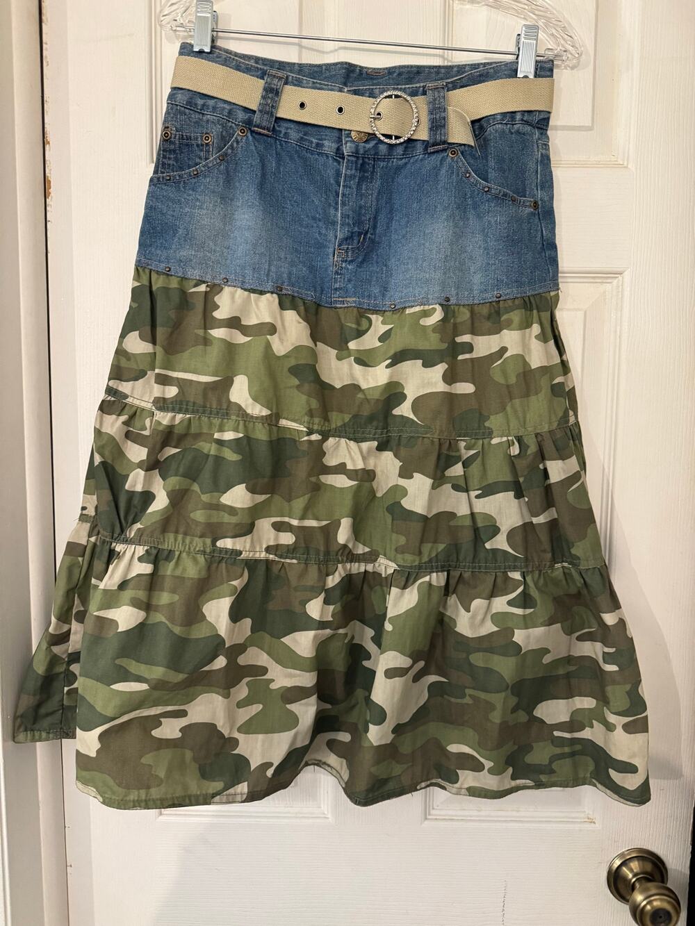 Vintage Y2K Just A Girl Denim & Camo Tiered Ruffle Midi Skirt Belted Size 16